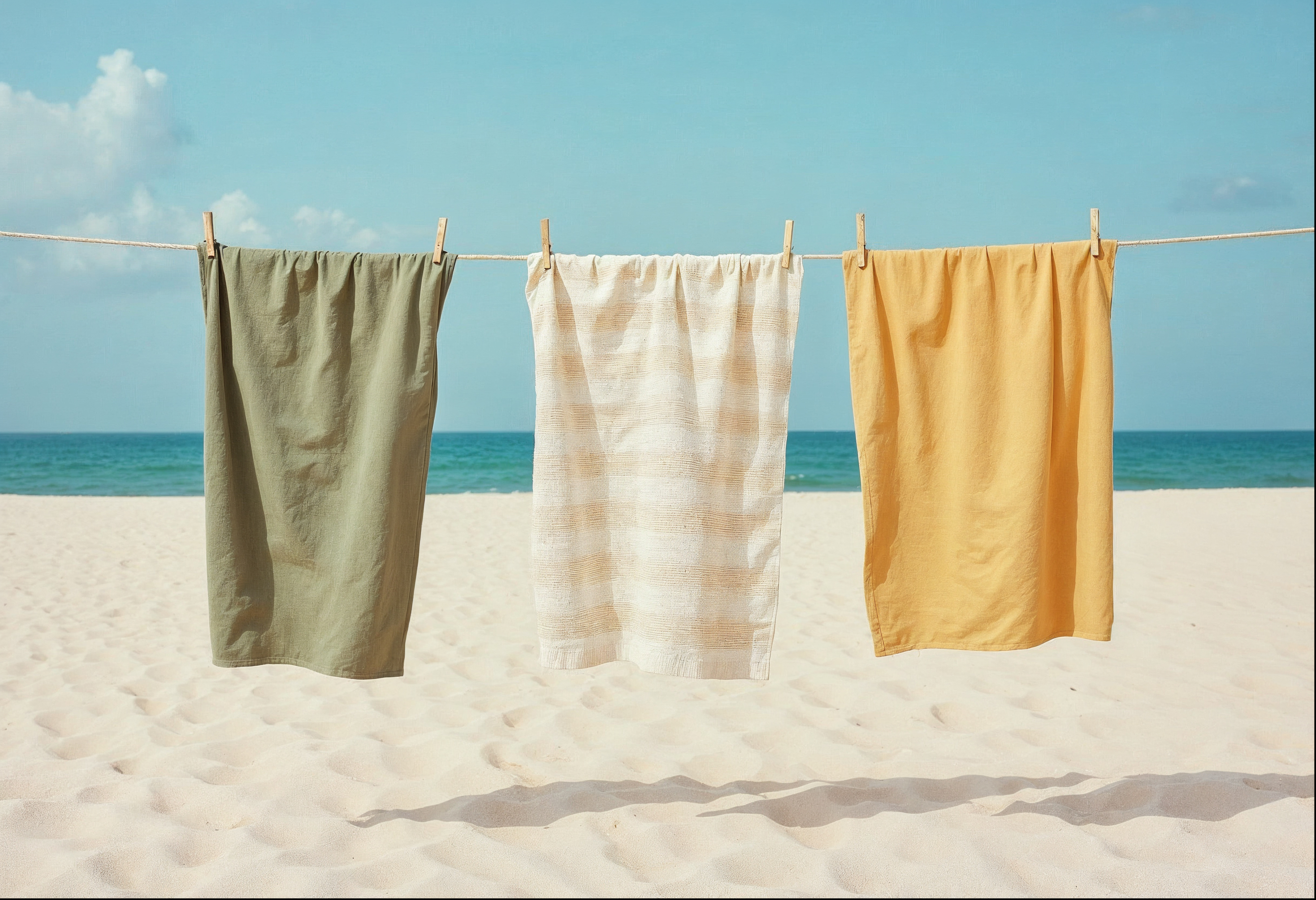 Personalized towels with logos spread out on a sandy beach